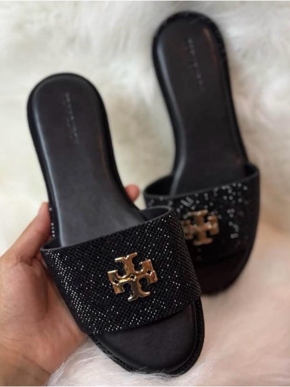 Tory Burch Black Slide Sandals with Gold Logo Accent